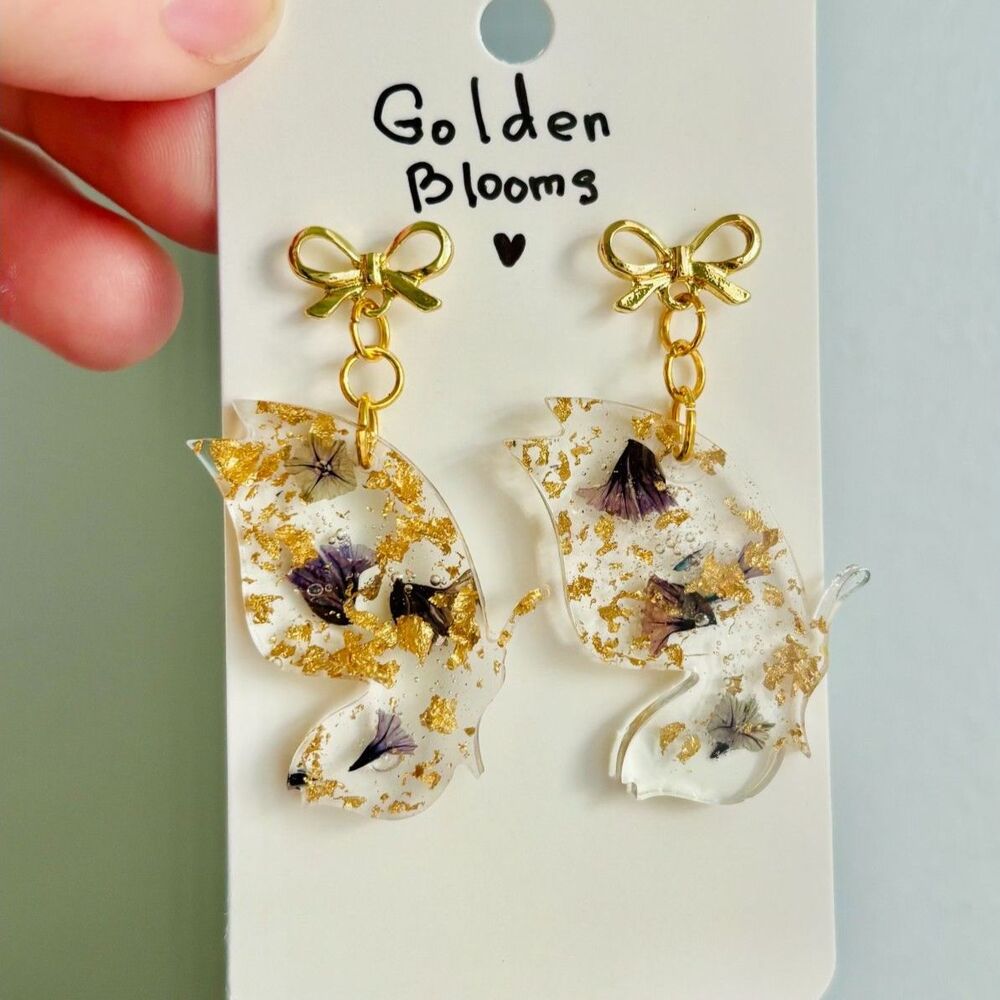 Floral Butterfly Earrings with Gold Flakes, Real Flower Resin Bow Dangles